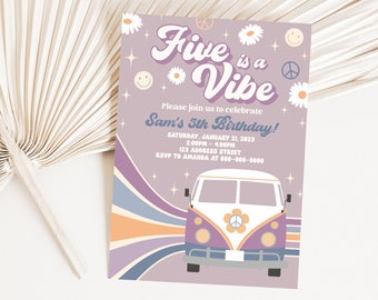 Five is a Vibe Printable Birthday Invitation, Retro 5th Birthday Editable Invitation, Retro Party Invite, Corjl S3-5 (fichier numérique uniquement)