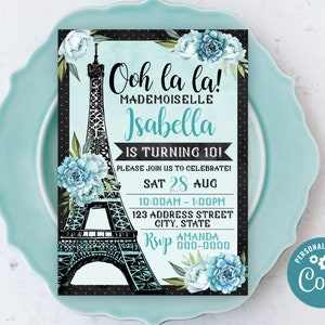 Editable Paris Invitation, Paris Birthday Invitation, Oh La La Party Invite, Printable, Paris Party Corjl S0191 (Pdf / Jpg file only)