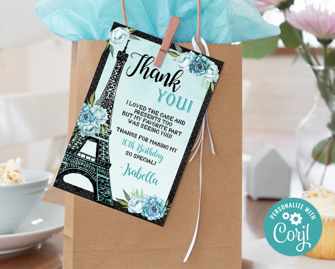 Editable Paris Thank You Card, Paris Birthday Printable Thank You Card ...
