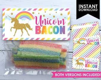Unicorn Bacon Printable Party Treat Bag Topper Thank You Tag Favour (PDF File only)