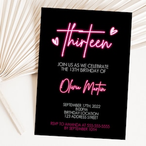 Editable 13th Birthday Neon Light Invitation, thirteen party invite, teen preteen neon text birthday invite Corjl S2-2 (Pdf / Jpg file only)