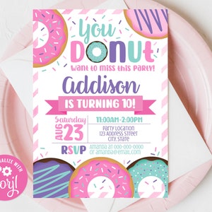 Invitation anniversaire Donut modifiable, Invitation Donut, Invitation Donut, Donut Party Invite S0175 Corjl (fichier Pdf / Jpg uniquement)