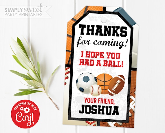 Editable Sports Thank You Tag, Sports Favor Tag, Sports Birthday, Sports Birthday Favor Tag, Sports Favor, Corjl S0064 (PDF File only)