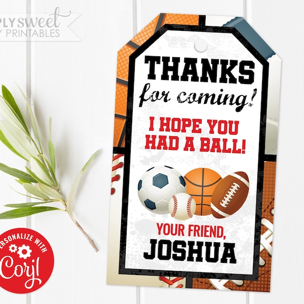 Editable Sports Thank You Tag, Sports Favor Tag, Sports Birthday, Sports Birthday Favor Tag, Sports Favor, Corjl S0064 (PDF File only)