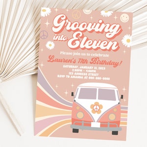 Grooving into Eleven Printable Birthday Invitation, Retro 11th Birthday Editable Invite, Retro Party Invite, Corjl S1-22 (Digital file only)
