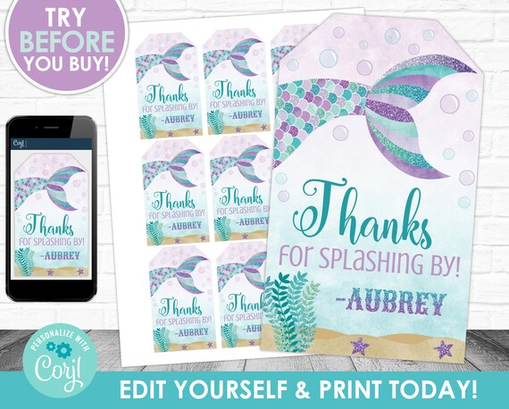 Mermaid Thank You Tag Printable Favor Tag Under the Sea Editable Favour Tag Corjl S0040 (PDF File only)