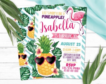Editable Pineapple Invitation, Pineapple Flamingo Birthday Invitation, Pineapple Party Invite, S0074 Corjl (Pdf / Jpg file only)