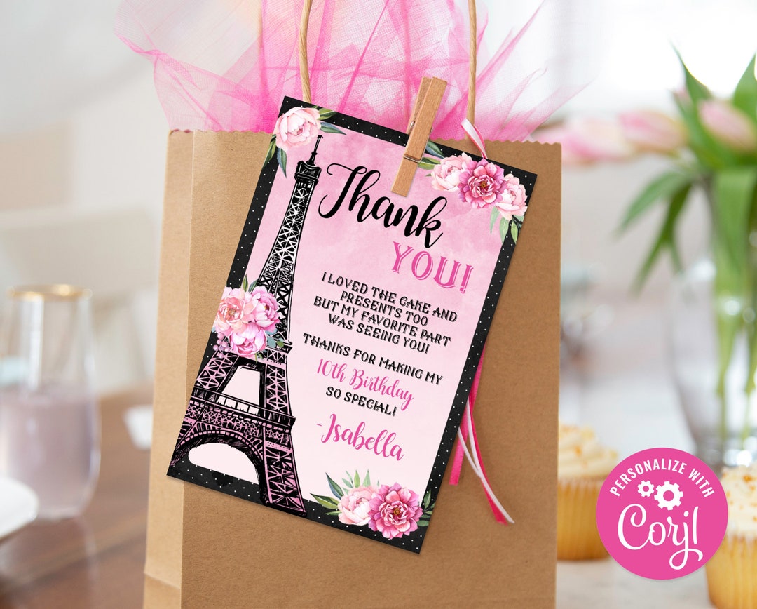 Editable Paris Thank You Card, Paris Birthday Printable Thank You Card ...