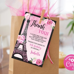 Cartão de agradecimento editável de Paris, cartão de agradecimento para impressão de aniversário de Paris, lembrancinha de festa de Paris Corjl S0101 (somente arquivo PDF / Jpg)