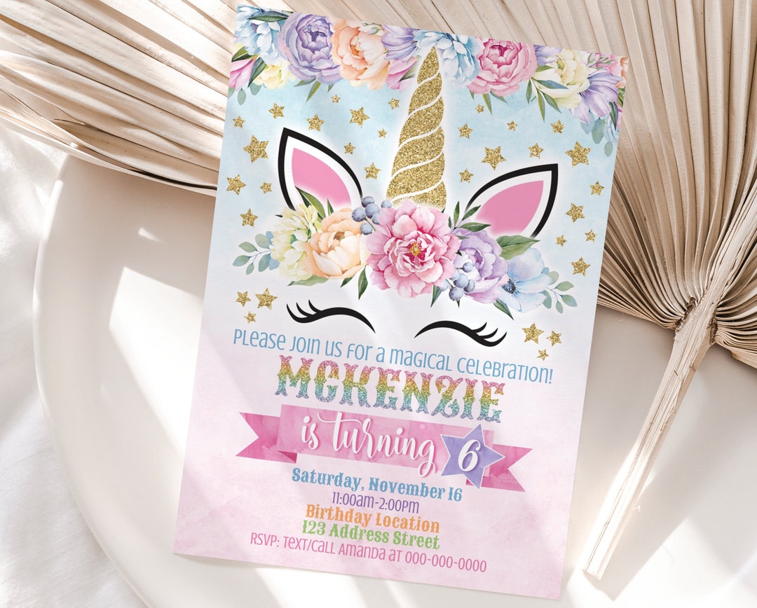 Unicorn Birthday Invitation, Unicorn Flower Crown Printable Invitation ...