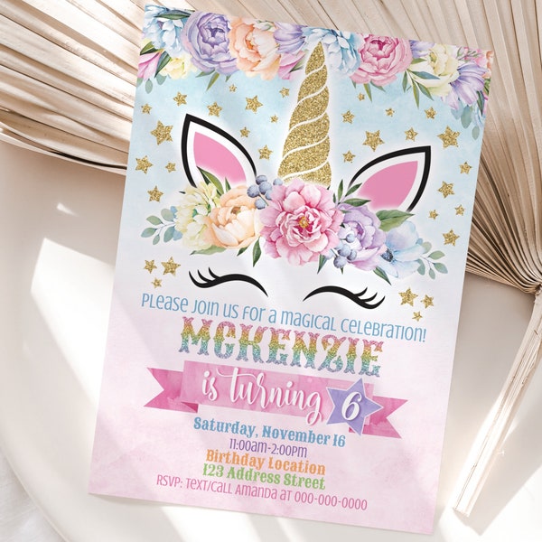 Unicorn Birthday Invitation, Unicorn Flower Crown Printable Invitation Template, Unicorn Floral Party Invite, S24V (Digital file only)