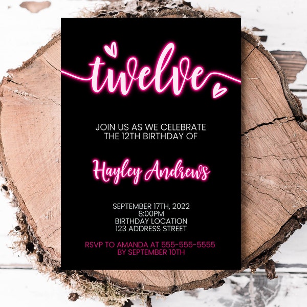 Editable 12th Birthday Neon Light Invitation, twelve party invite, teen preteen neon text birthday invite Corjl S0200 (Pdf / Jpg file only)