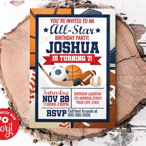 Editable Sports Birthday Invitation, Sports Invitation, Sports Invitation, All Star Party Invite Corjl S0005 (Pdf / Jpg file only)