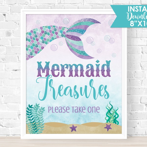 Mermaid Favor Sign, Mermaid Treasures Printable Sign, 8 x 10, Mermaid Favour Birthday Sign, S0040, INSTANT DOWNLOAD (JPG File only)