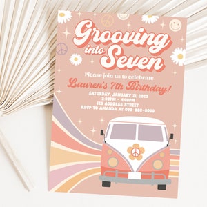 Grooving into Seven Printable Birthday Invitation, Retro 7th Birthday Editable Invite, Retro Party Invite, Corjl S1-24 (Digital file only)