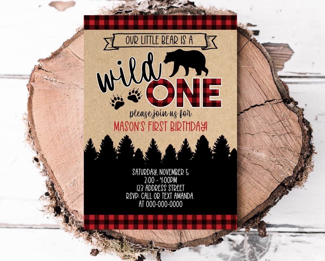 Lumberjack Wild One Birthday Invitation, First Printable Birthday Invitation, Lumberjack Plaid ...