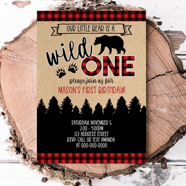 Lumberjack Wild One Birthday Invitation, First Printable Birthday Invitation, Lumberjack Plaid Party Invite S0202 (Pdf / Jpg file only)