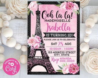 Editable Paris Birthday Invitation, Paris Invitation, Paris Personalized Invitation, Paris Party Invite S0101 Corjl (Pdf / Jpg file only)