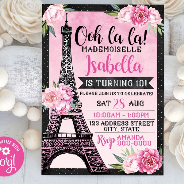 Editable Paris Birthday Invitation, Paris Invitation, Paris Personalized Invitation, Paris Party Invite S0101 Corjl (Pdf / Jpg file only)