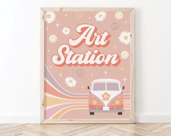 Art Station Sign, Groovy 70's Printable Sign, 8 x 10 sign , Retro Birthday Art Station Sign, S1-38, Instant Download (Digital Files only)