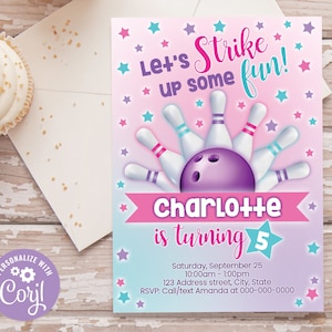 Bowling Birthday Invitation, Bowling Invitation, Bowling Editable Invitation, Bowling Party Invite Corjl S0105 (Pdf / Jpg file only)