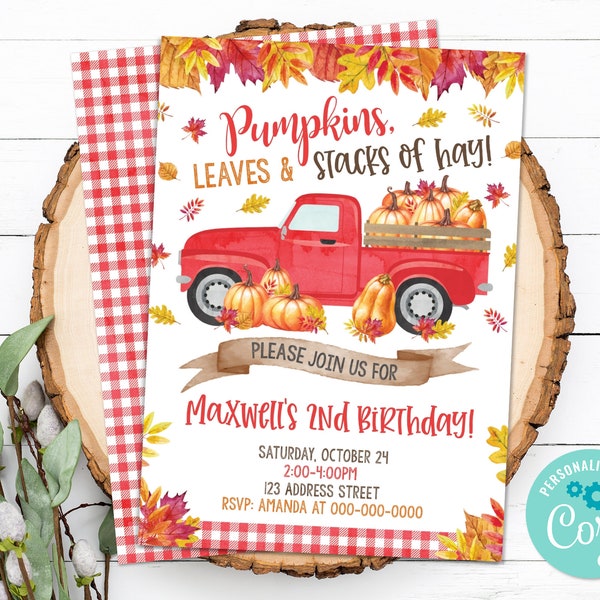 Editable Pumpkin Invitation, Fall pumpkin truck Birthday Invitation, Truck Party Invite, Autumn Invite, S0153 Corjl (Pdf / Jpg file only)