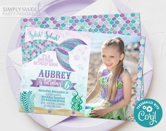 Editable Mermaid Photo Invitation, Mermaid Photo Party Invitation, Mermaid Party Invite, Printable, Corjl S0040 (Pdf / Jpg file only)