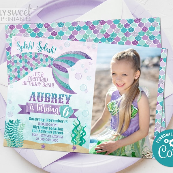 Editable Mermaid Photo Invitation, Mermaid Photo Party Invitation, Mermaid Party Invite, Printable, Corjl S0040 (Pdf / Jpg file only)