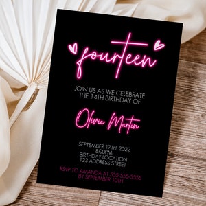 Editable 14th Birthday Neon Light Invitation, fourteen party invite, teen preteen neon text birthday invite Corjl S2-3 (Pdf / Jpg file only)