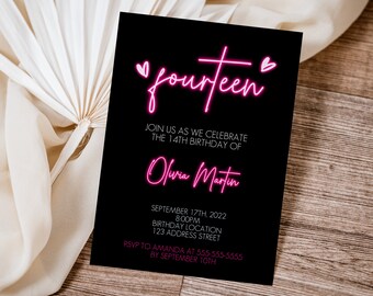 Editable 14th Birthday Neon Light Invitation, fourteen party invite, teen preteen neon text birthday invite Corjl S2-3 (Pdf / Jpg file only)