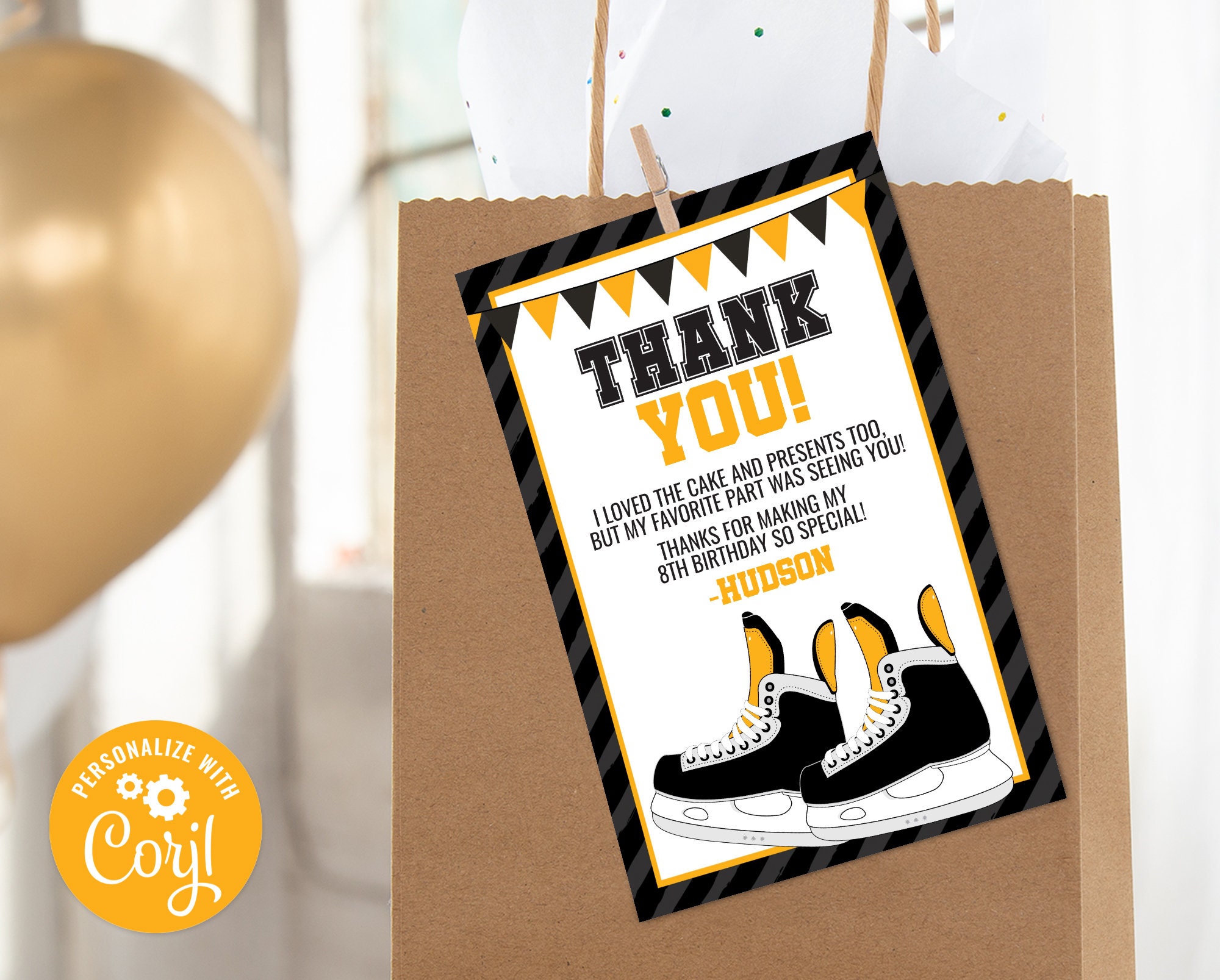 Editable Ice Skates Birthday Thank You Card, Hockey Thank You, Skating Personalized Party Favor S0065 Corjl (Pdf / Jpg file only)