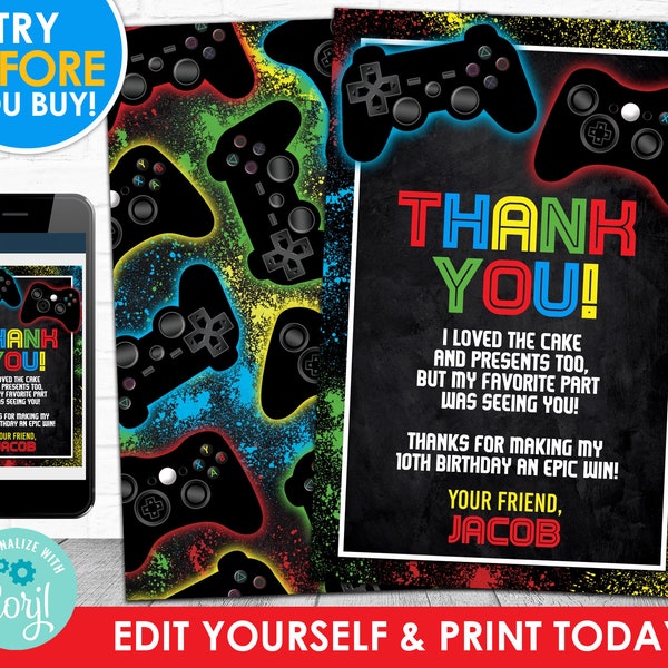 Video Game Thank You Card, Gamer Birthday Thank You Card, Video Game Editable Thank You, Gamer Thank You Corjl S0058 (Pdf / Jpg file only)