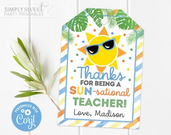 Bewerkbaar SUN-sational Teacher-cadeaulabel, Sun-cadeaulabel, personeelsdocent eindejaarswaardering Bedankt Corjl GT0058 (alleen pdf-/jpg-bestand)