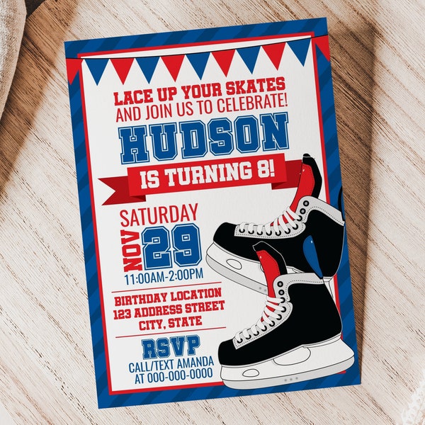 Skating Birthday Printable Invitation, Skating Invitation, Hockey Editable Invitation, Hockey Party Invite Corjl S0066 (Pdf / Jpg file only)