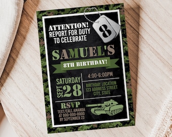 Army Birthday Invitation, Army Printable Birthday Invitation, Editable Army Invitation, Army Party Invite Template S26V (Digital file only)