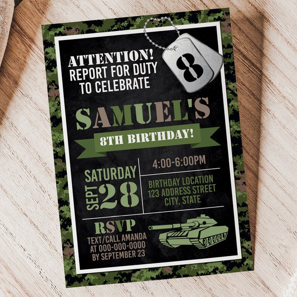 Army Birthday Invitation, Army Printable Birthday Invitation, Editable Army Invitation, Army Party Invite Template S26V (Digital file only)