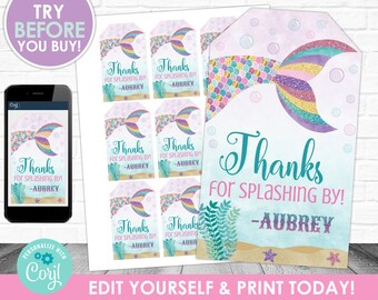 Mermaid Thank You Tag Printable Favor Tag Under the Sea Editable Favour Tag Corjl S0042 (PDF File only)