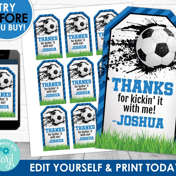 Soccer Thank You Tag, Soccer Favor Tag, Soccer Birthday, Soccer Birthday Favor Tag, Soccer Editable Favor, Corjl S0043 (PDF File only)