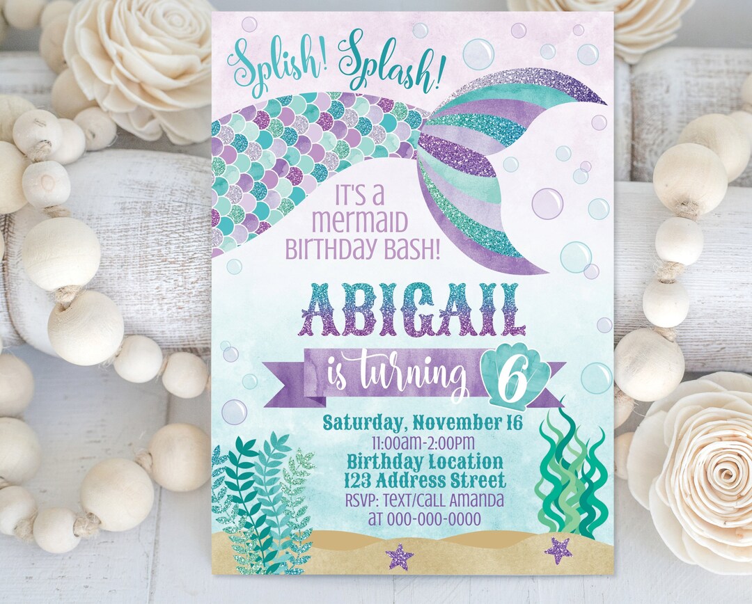Mermaid Printable Birthday Invitation, Mermaid Editable Invitation