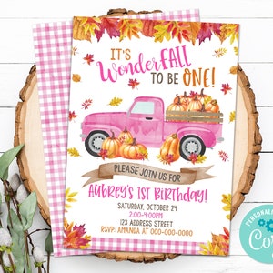 Editable Pumpkin First 1st Birthday Invitation Fall pumpkin truck Birthday Invitation Party Invite S0155 Corjl (Pdf / Jpg file only)
