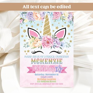 Unicorn Birthday Invitation, Unicorn Flower Crown Printable Invitation ...