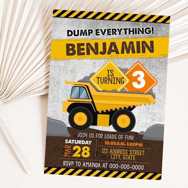 Construction Birthday Printable Invitation, Construction Invitation, Dump Truck Invitation Party Invite Corjl S0114 (Pdf / Jpg file only)