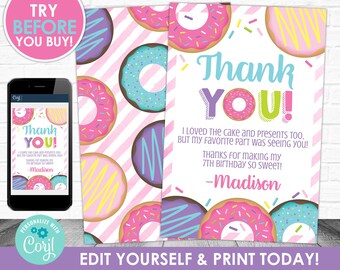 Donut Thank You Card, Donut Thank You Card, Donut Printable Personalized, Donut Birthday Corjl S0030 (Pdf / Jpg file only)