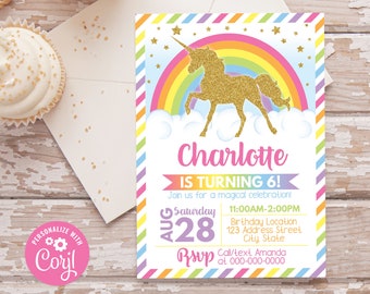 Editable Unicorn Birthday Invitation, Unicorn Invitation, Unicorn Invitation, Unicorn Rainbow Party Invite S0026 Corjl (Pdf / Jpg file only)