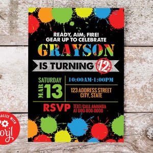 Editable Paintball Birthday Invitation, Paint Ball Invitation, Paintball Invitation, Paintball Invite Corjl S0087 (Pdf / Jpg file only)