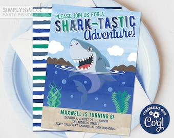 Editable Shark Invitation, Shark Birthday Invitation, Summer Party Invite, Printable, Beach Party Corjl S0171 (Pdf / Jpg file only)