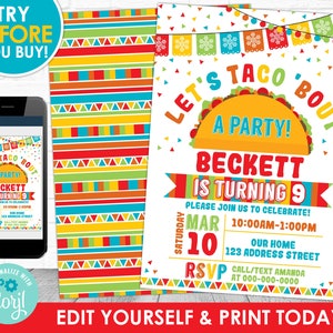 Taco Birthday Invitation, Fiesta Invitation, Fiesta Editable Invitation, Taco Fiesta Party Invite Corjl S0077 (Pdf / Jpg file only)