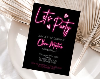 Editable Let's Party Birthday Neon Light Invitation, adult party invite, teen neon text birthday invite Corjl S2-13 (Pdf / Jpg file only)