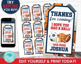 Sports Thank You Tag, Sports Favor Tag, Sports Birthday, Sports Birthday Favor Tag, Sports Editable Favor, Corjl S0005 (PDF File only)