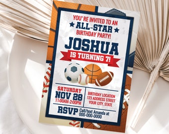 Sports Birthday Invitation, Sports Invitation Template , Sports Editable Invitation, All Star Party Invite Corjl S17-1 (Digital file only)